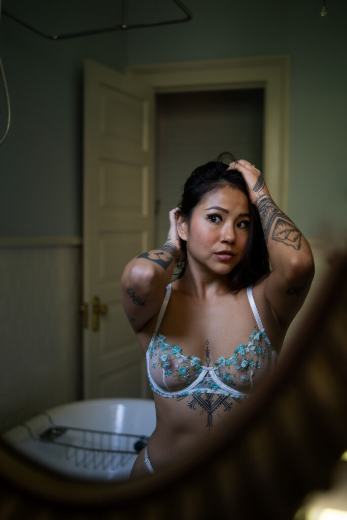 asian woman in floral lingerie